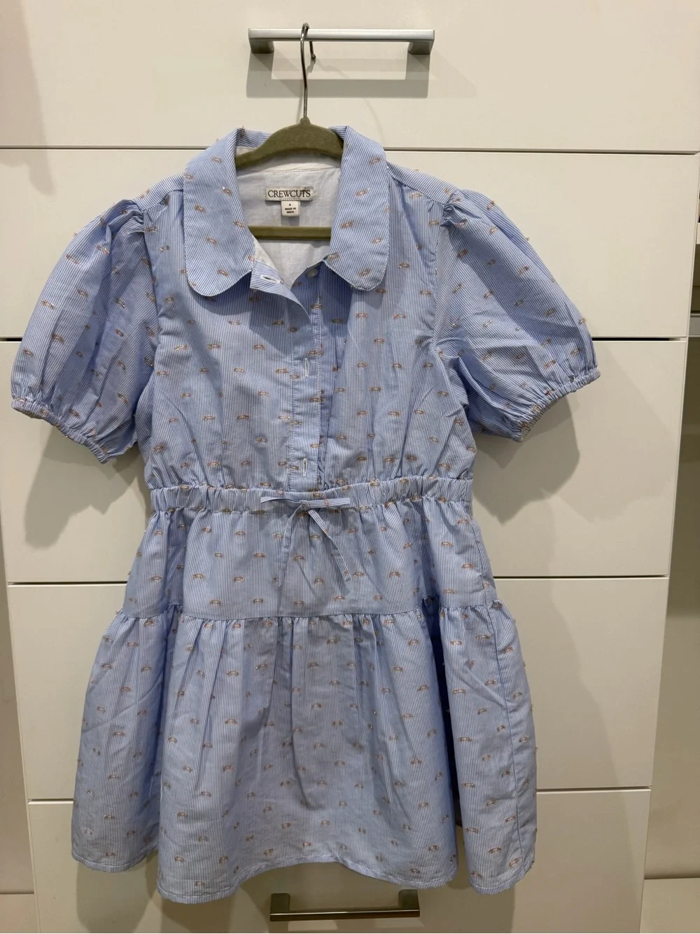 Crewcuts Light Blue Puff Sleeve Cotton Dress with Drawstring Waist